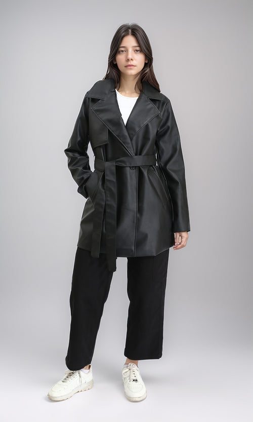 R212928 - Notched Lapel Long Leather Coat with Belt - Black