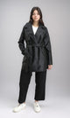 R212928 - Notched Lapel Long Leather Coat with Belt - Black