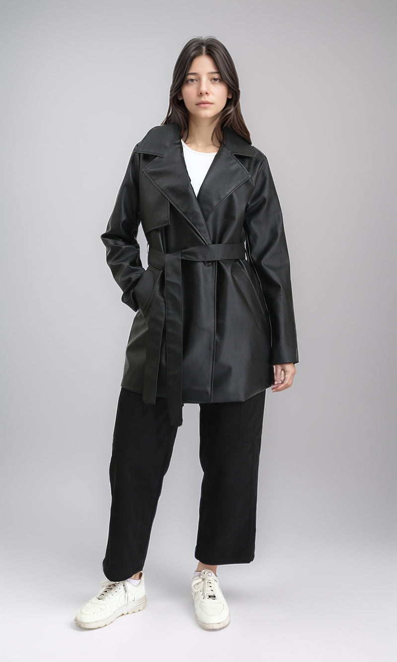R212928 - Notched Lapel Long Leather Coat with Belt - Black