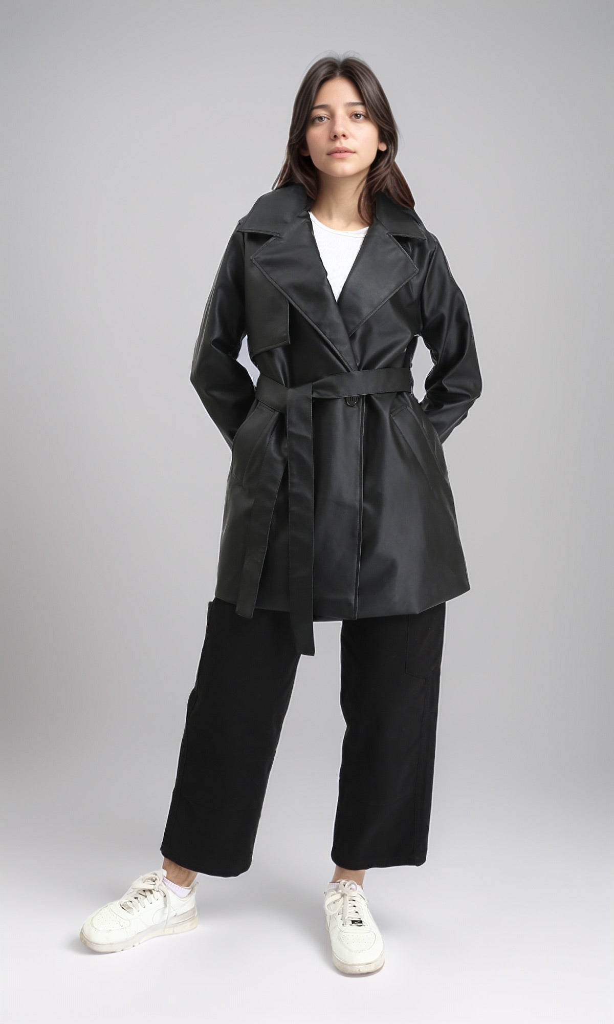 R212928 - Notched Lapel Long Leather Coat with Belt - Black