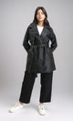 R212928 - Notched Lapel Long Leather Coat with Belt - Black