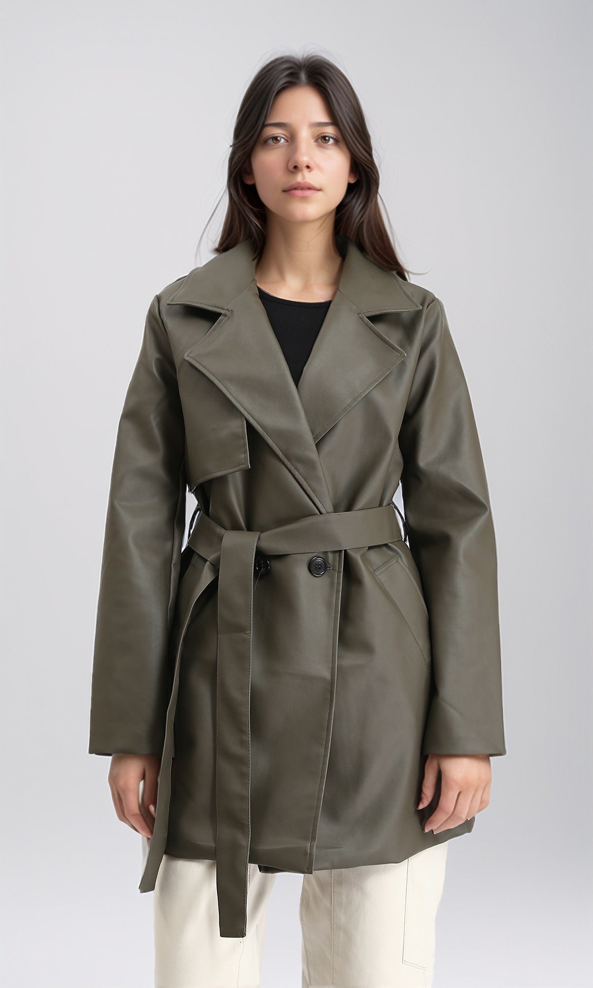 Notched Lapel Long Leather Coat with Belt - Khaki
