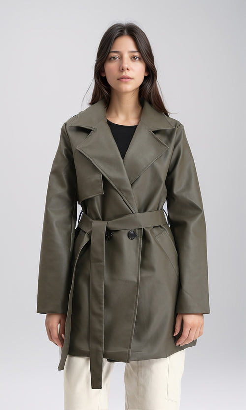 R212929 - Notched Lapel Long Leather Coat with Belt - Khaki