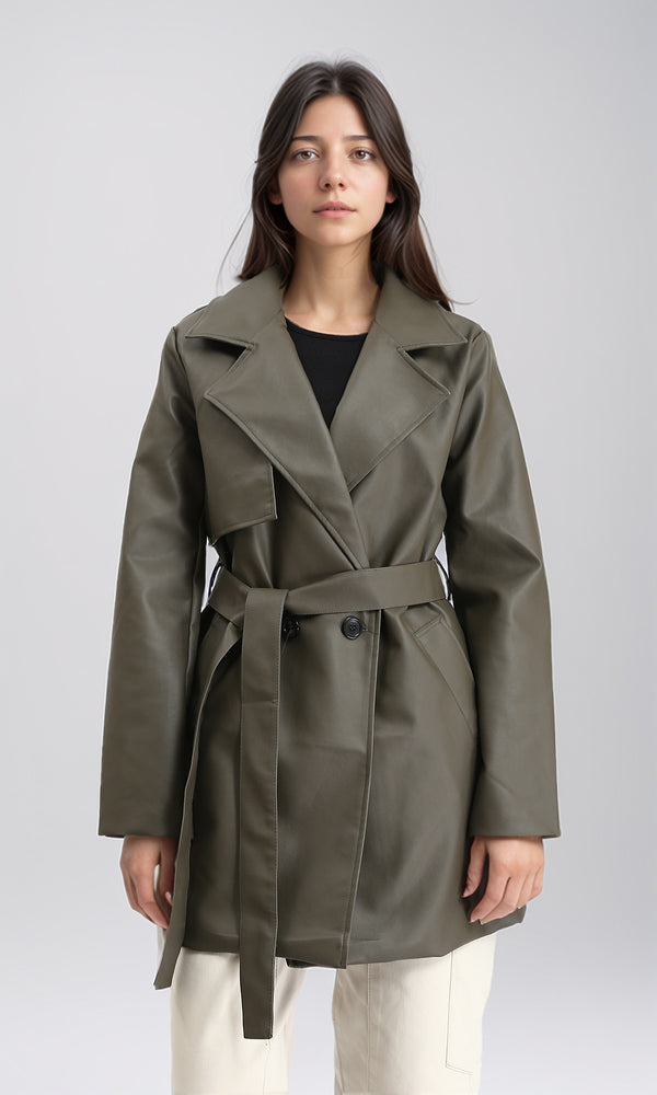 R212929 - Notched Lapel Long Leather Coat with Belt - Khaki