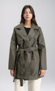 R212929 - Notched Lapel Long Leather Coat with Belt - Khaki