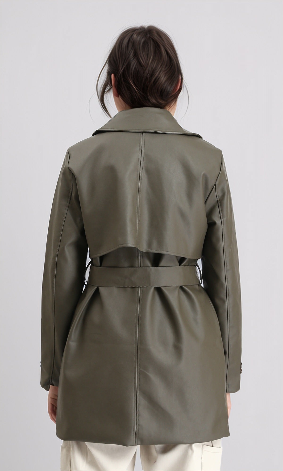 R212929 - Notched Lapel Long Leather Coat with Belt - Khaki