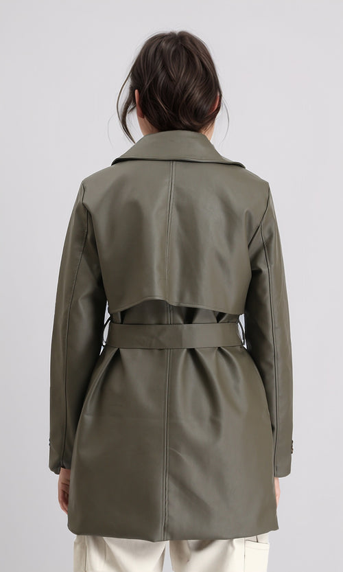 R212929 - Notched Lapel Long Leather Coat with Belt - Khaki