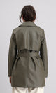 R212929 - Notched Lapel Long Leather Coat with Belt - Khaki
