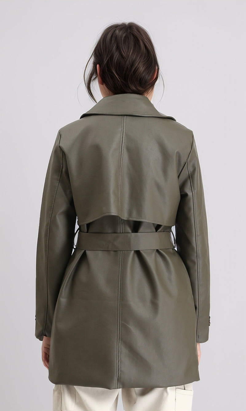 R212929 - Notched Lapel Long Leather Coat with Belt - Khaki