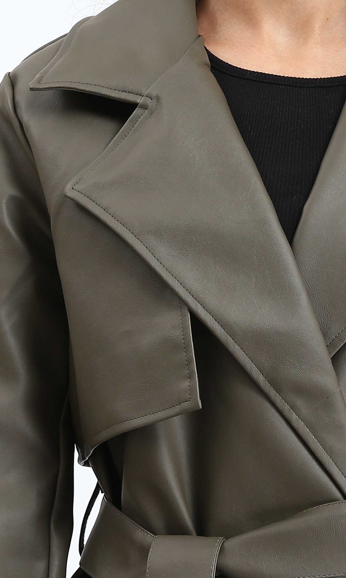 R212929 - Notched Lapel Long Leather Coat with Belt - Khaki