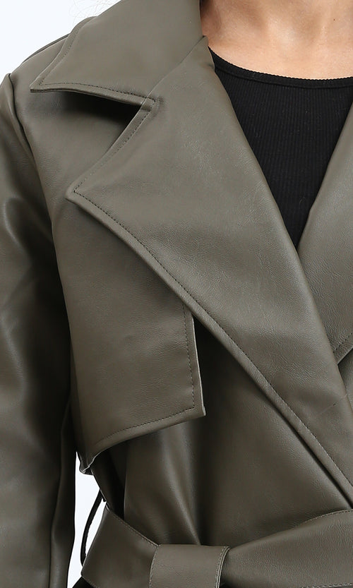 R212929 - Notched Lapel Long Leather Coat with Belt - Khaki