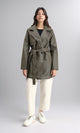 R212929 - Notched Lapel Long Leather Coat with Belt - Khaki