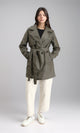 R212929 - Notched Lapel Long Leather Coat with Belt - Khaki