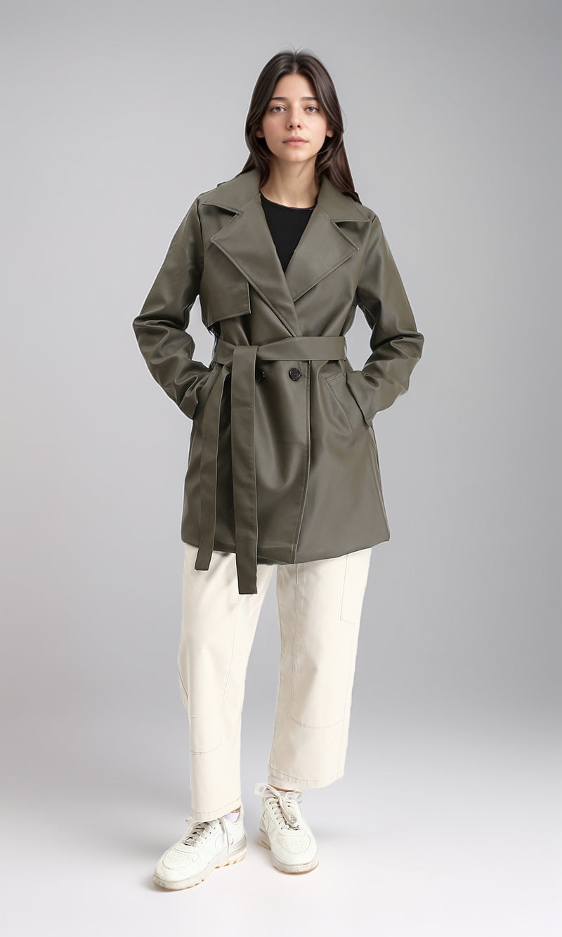 R212929 - Notched Lapel Long Leather Coat with Belt - Khaki