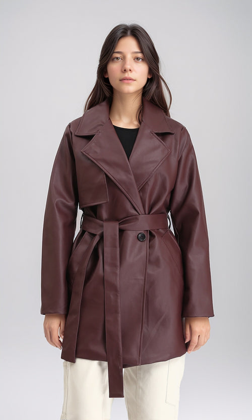 R212930 - Notched Lapel Long Leather Coat with Belt - Maroon