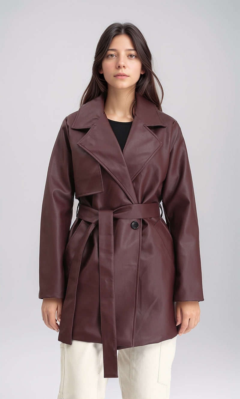 R212930 - Notched Lapel Long Leather Coat with Belt - Maroon