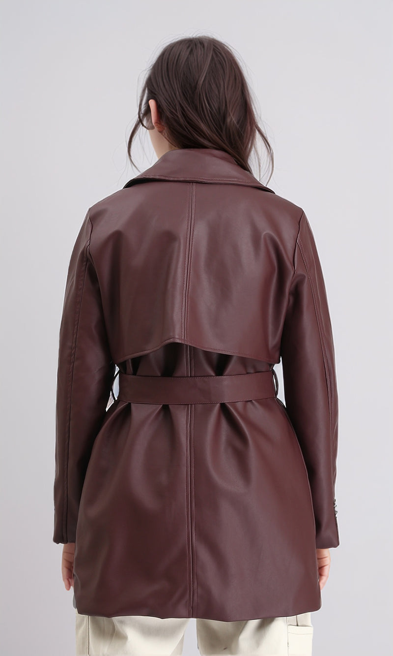 R212930 - Notched Lapel Long Leather Coat with Belt - Maroon