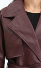 R212930 - Notched Lapel Long Leather Coat with Belt - Maroon