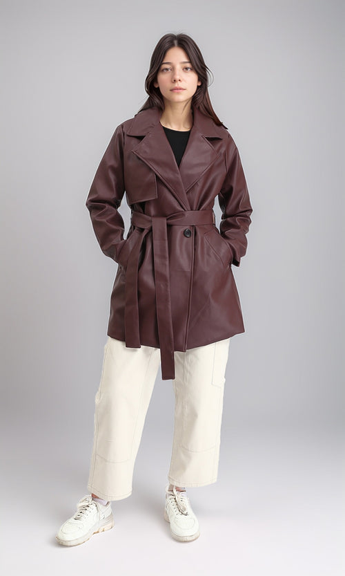 R212930 - Notched Lapel Long Leather Coat with Belt - Maroon