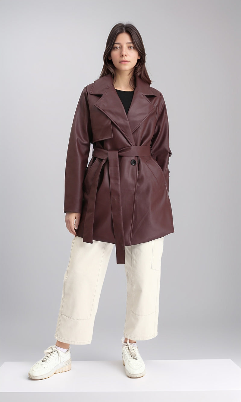 R212930 - Notched Lapel Long Leather Coat with Belt - Maroon
