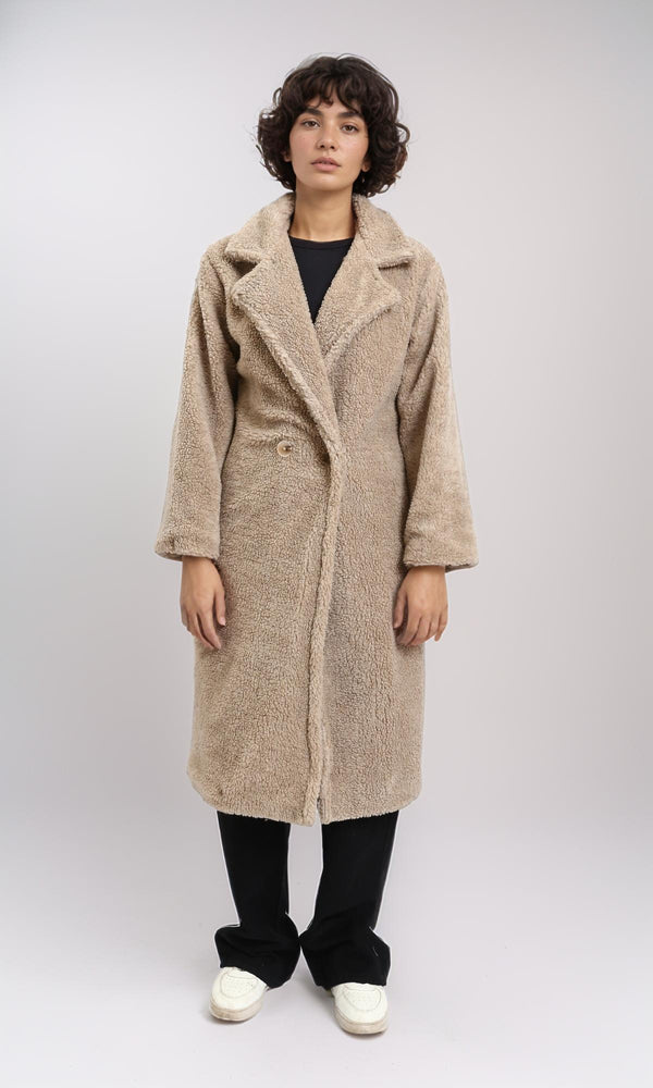 R212931 - Long Teddy Coat with Notched Lapel - Light Coffee