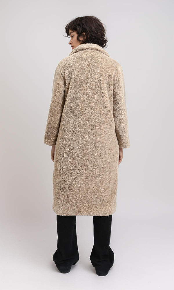 R212931 - Long Teddy Coat with Notched Lapel - Light Coffee