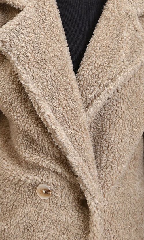 R212931 - Long Teddy Coat with Notched Lapel - Light Coffee