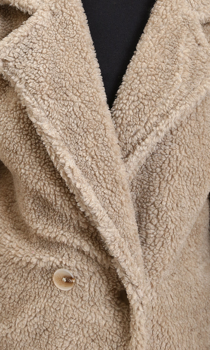 R212931 - Long Teddy Coat with Notched Lapel - Light Coffee