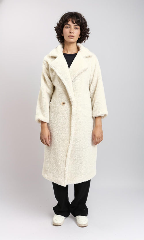 R212932 - Long Teddy Coat with Notched Lapel - Off-White