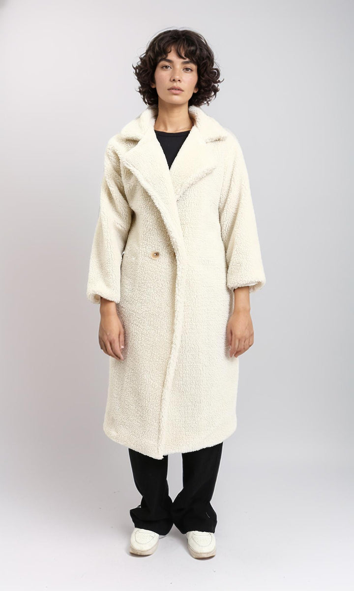 Long Teddy Coat with Notched Lapel - Off-White