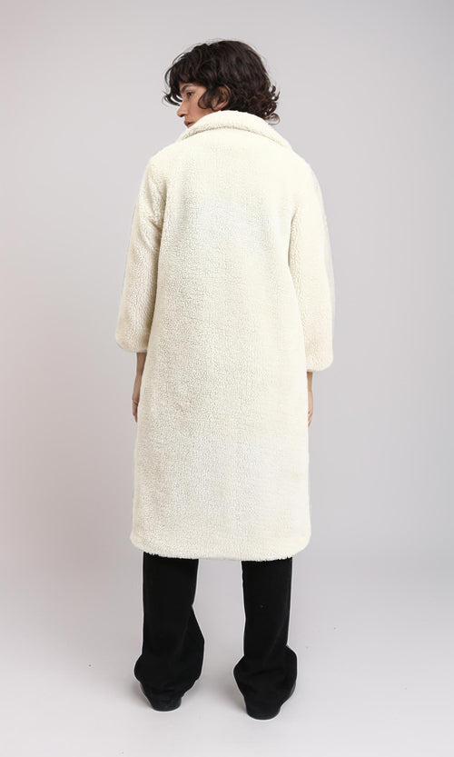 R212932 - Long Teddy Coat with Notched Lapel - Off-White