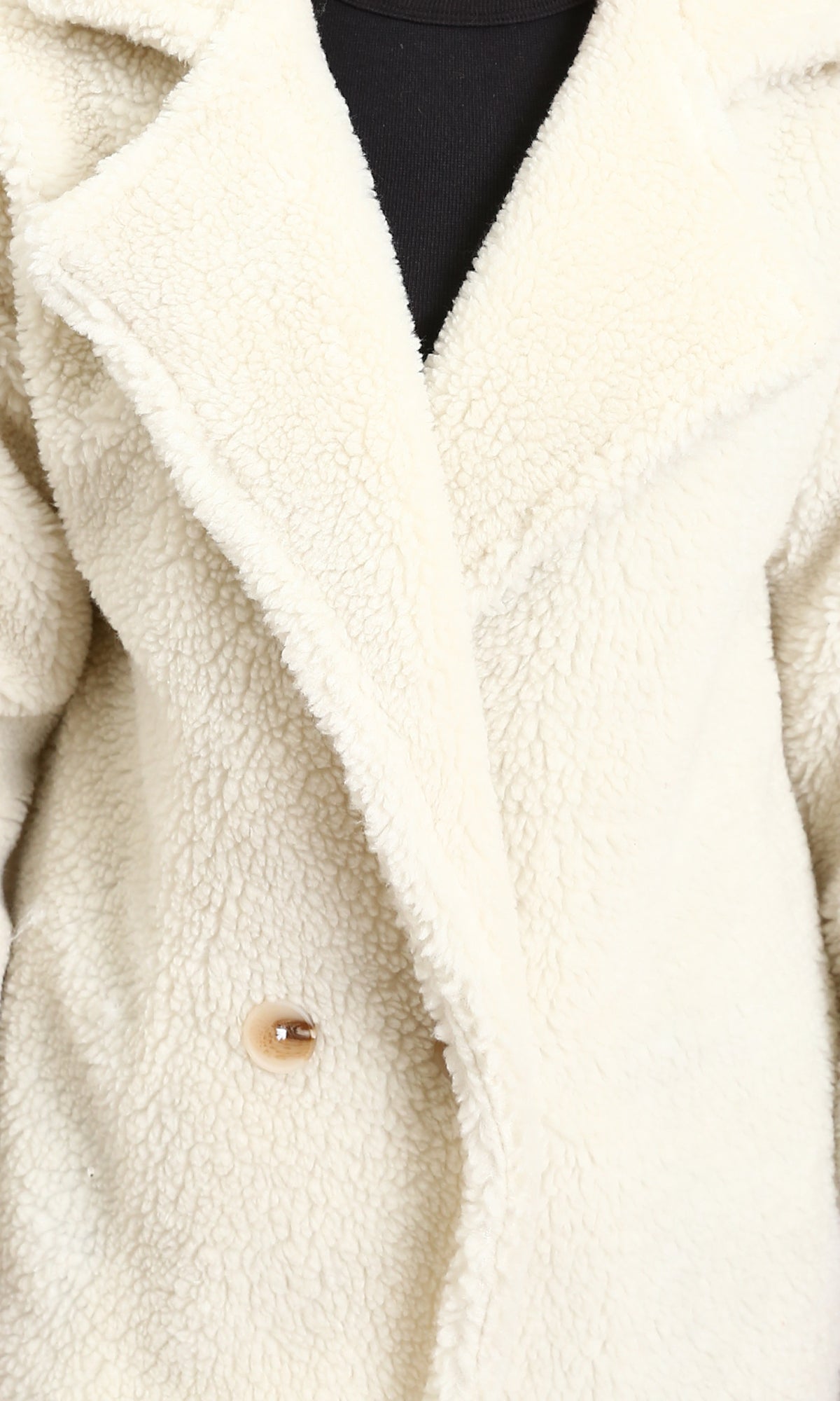 R212932 - Long Teddy Coat with Notched Lapel - Off-White