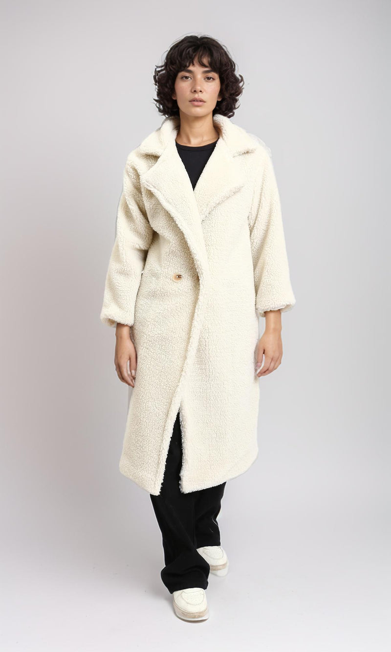 R212932 - Long Teddy Coat with Notched Lapel - Off-White