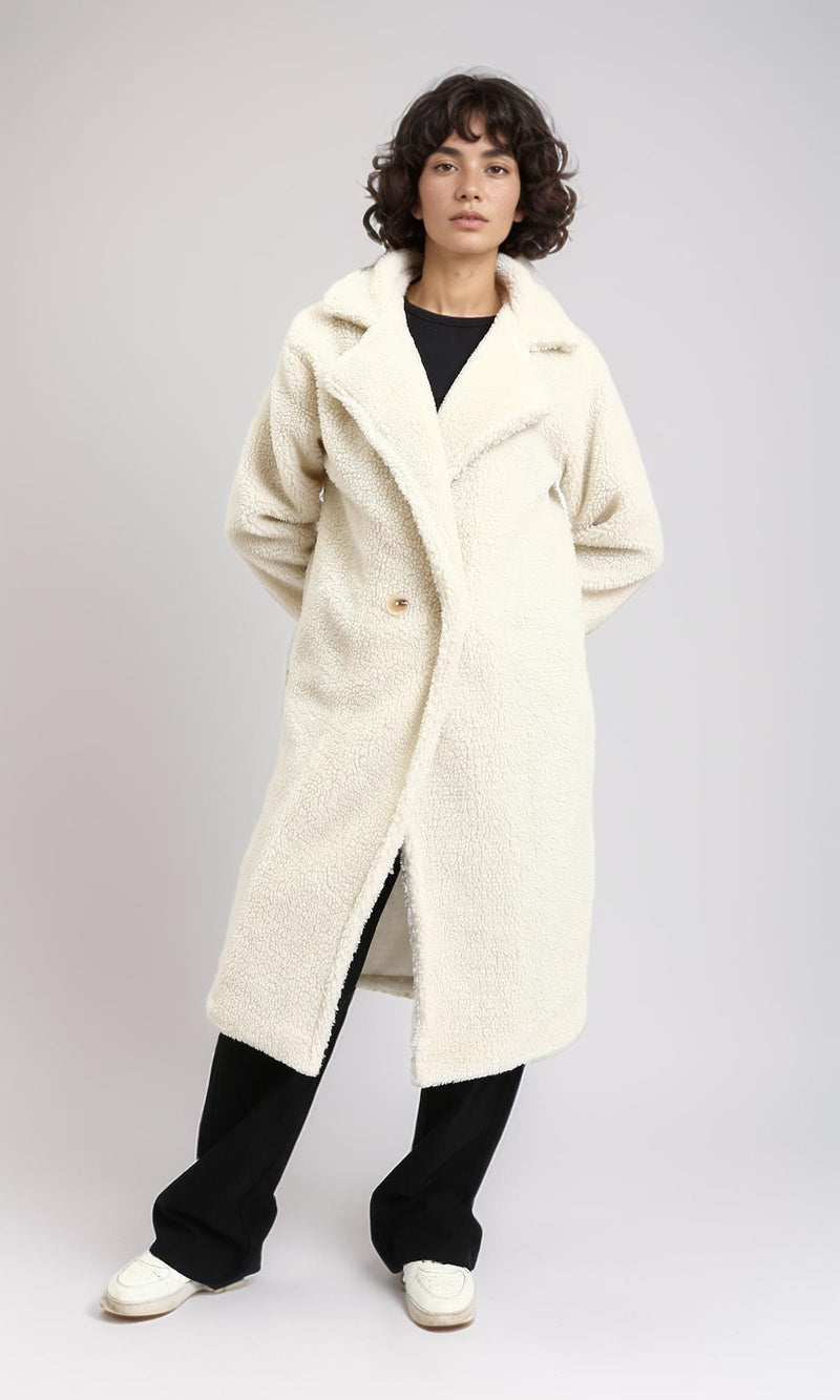 R212932 - Long Teddy Coat with Notched Lapel - Off-White