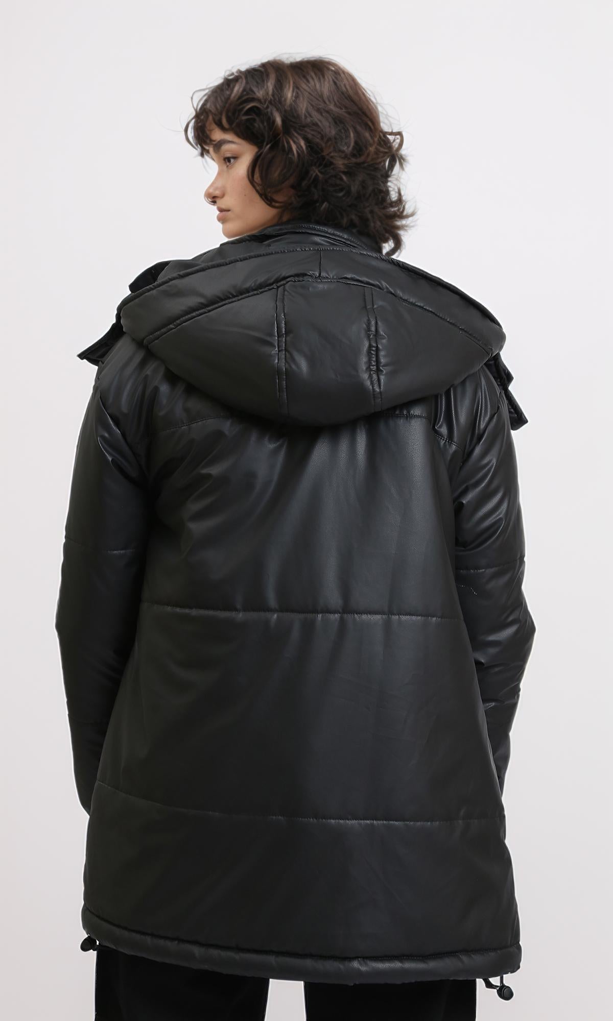 R212933 - Hooded Neck Coat with Straight Pockets - Black