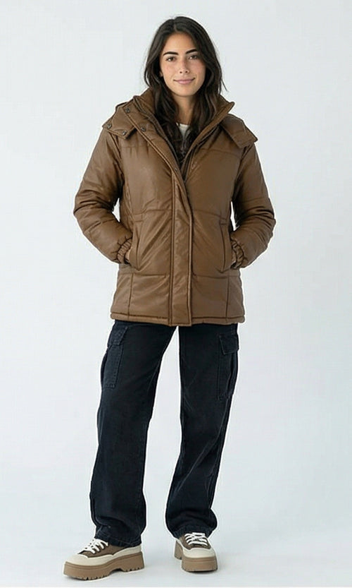 R212935 - Solid Bomber Jacket with Side Pockets - Brown
