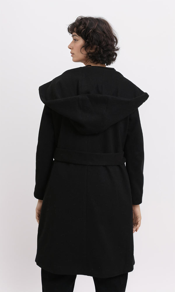 R212938 - Buttoned Hooded Coat with Extra Belt - Black