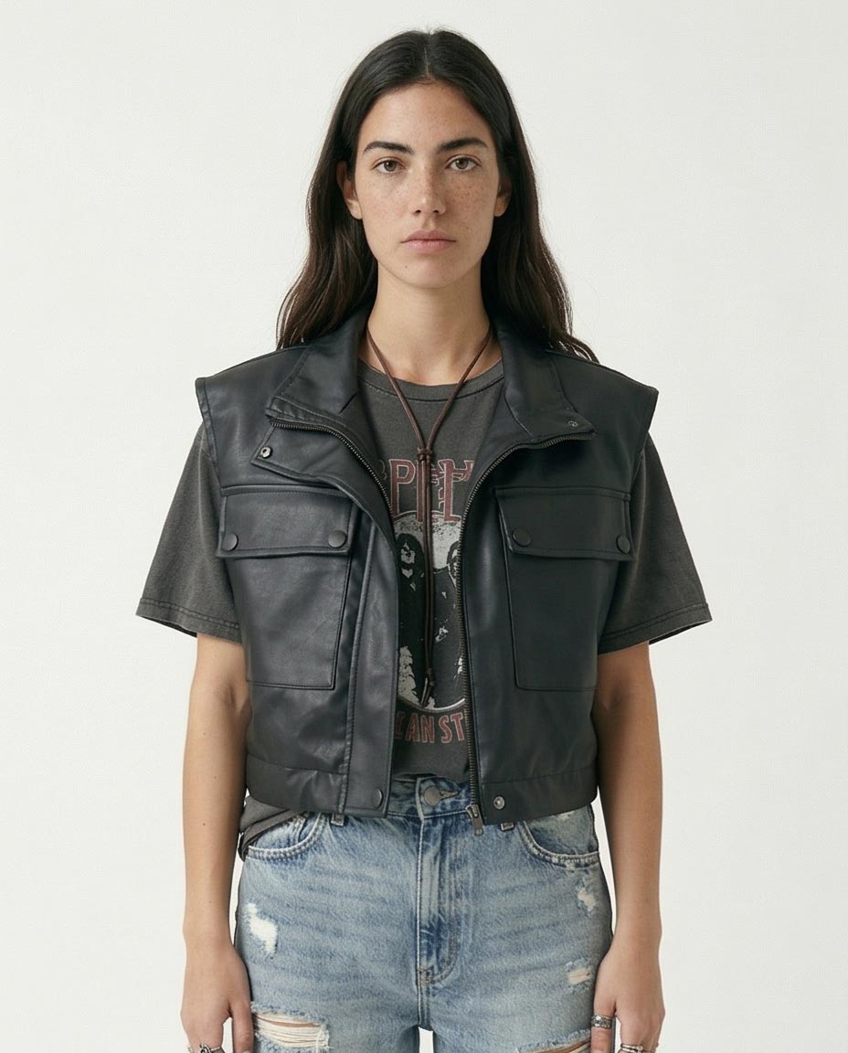 Ravin Women's Cropped Faux-Leather Utility Vest - Black