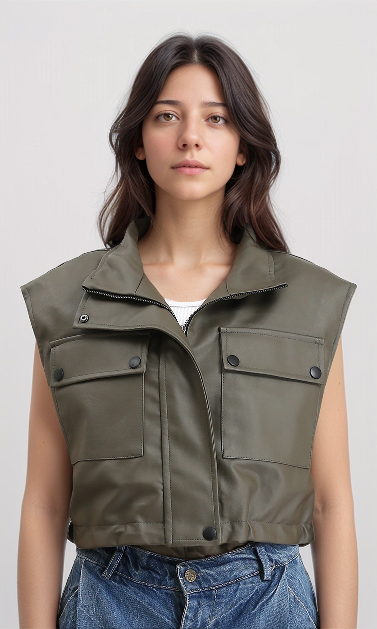 Cap Sleeves Leather Vest with Pockets - Khaki
