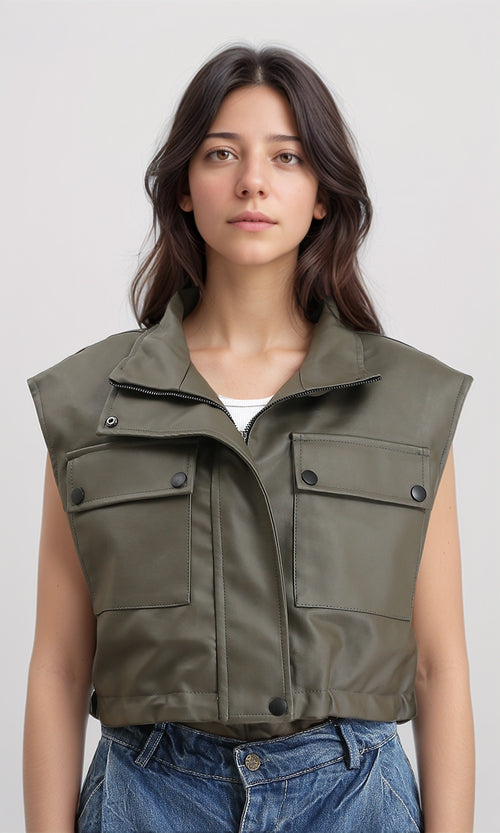 R212940 - Cap Sleeves Leather Vest with Pockets - Khaki