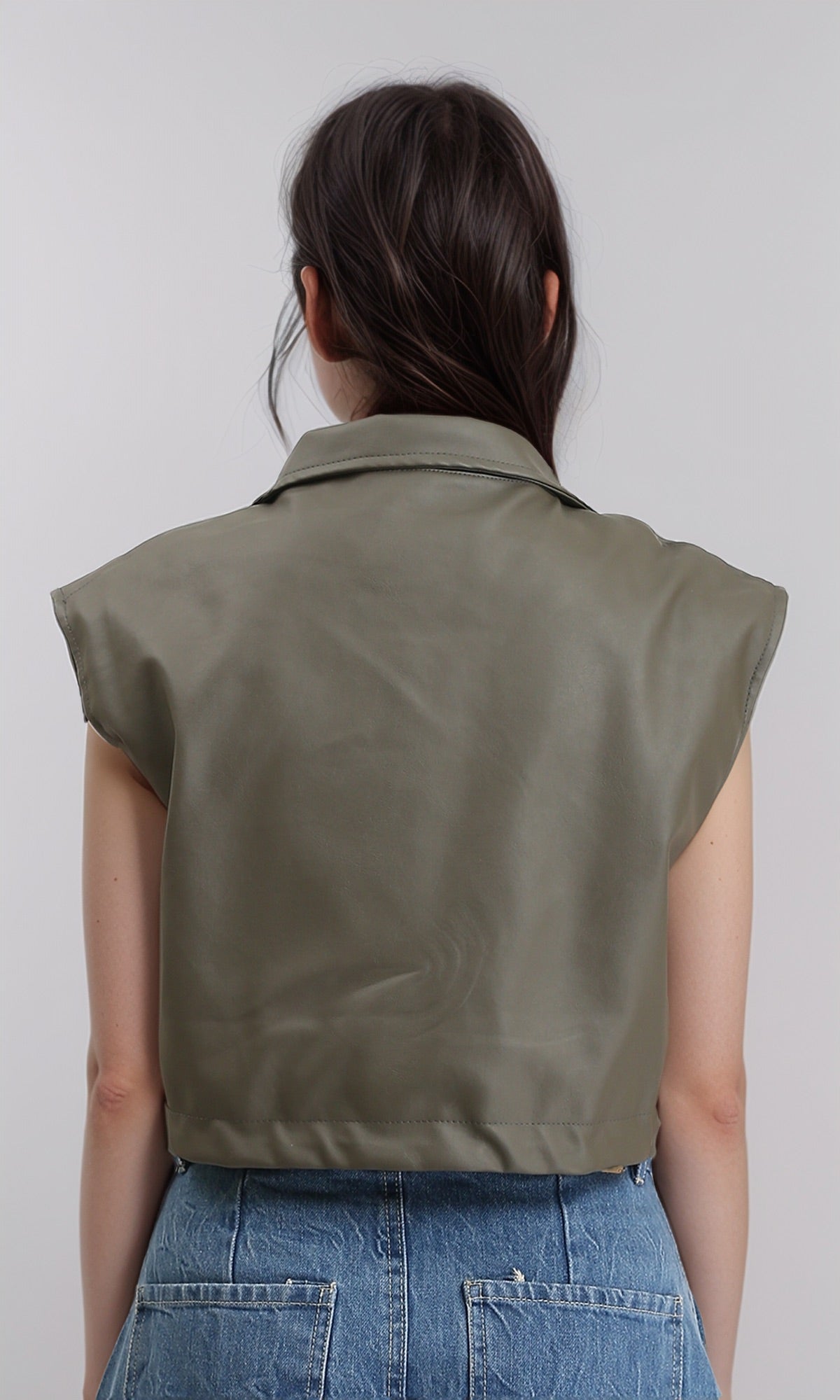 R212940 - Cap Sleeves Leather Vest with Pockets - Khaki