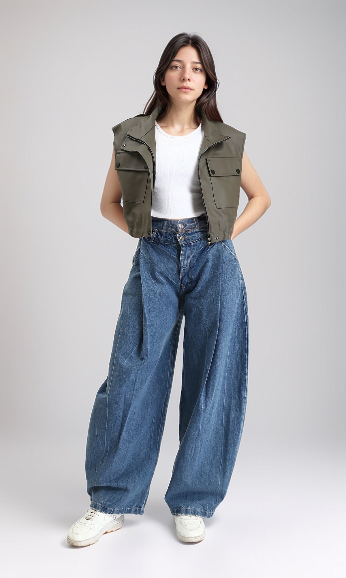 R212940 - Cap Sleeves Leather Vest with Pockets - Khaki