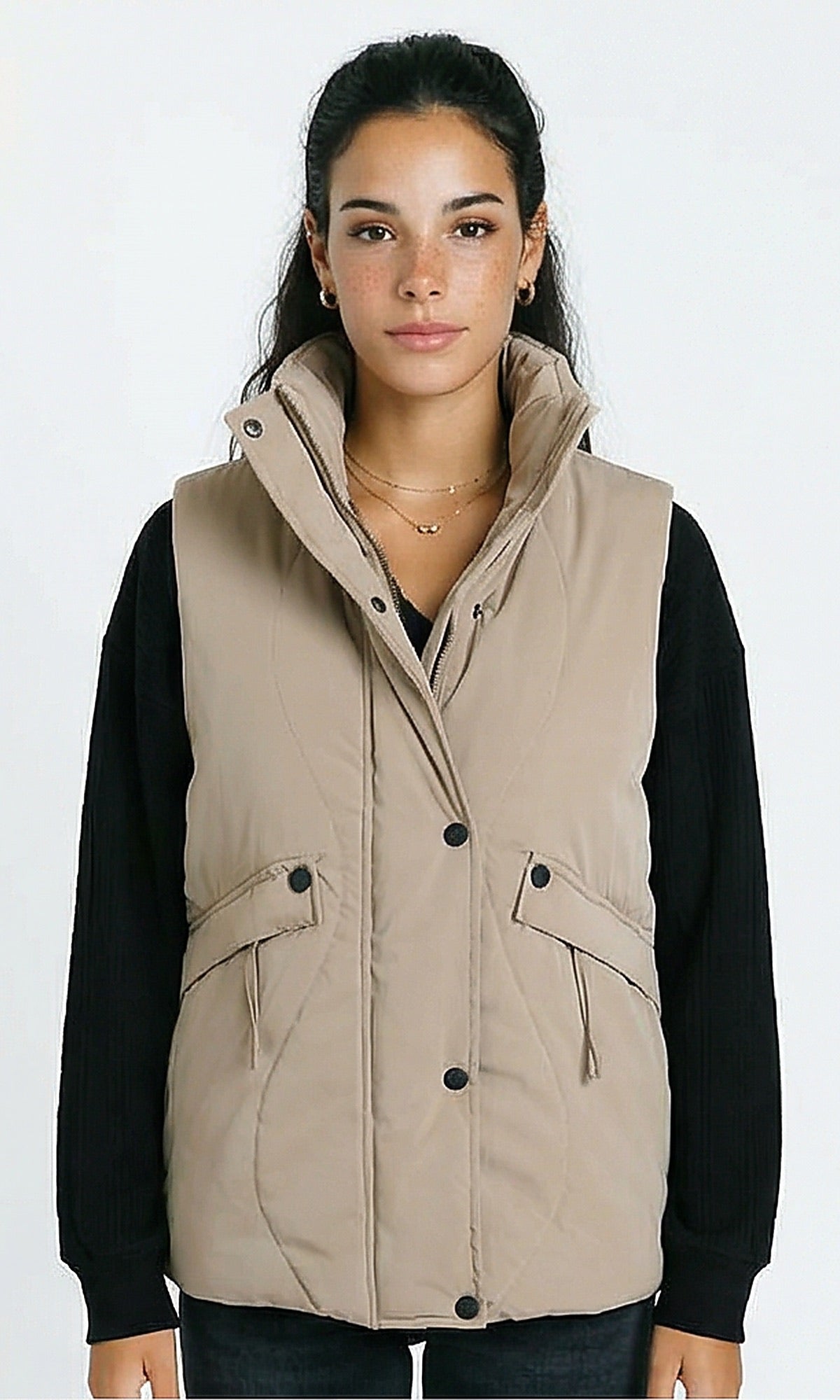 Casual Sleeveless Puffer Vest - Light Khaki