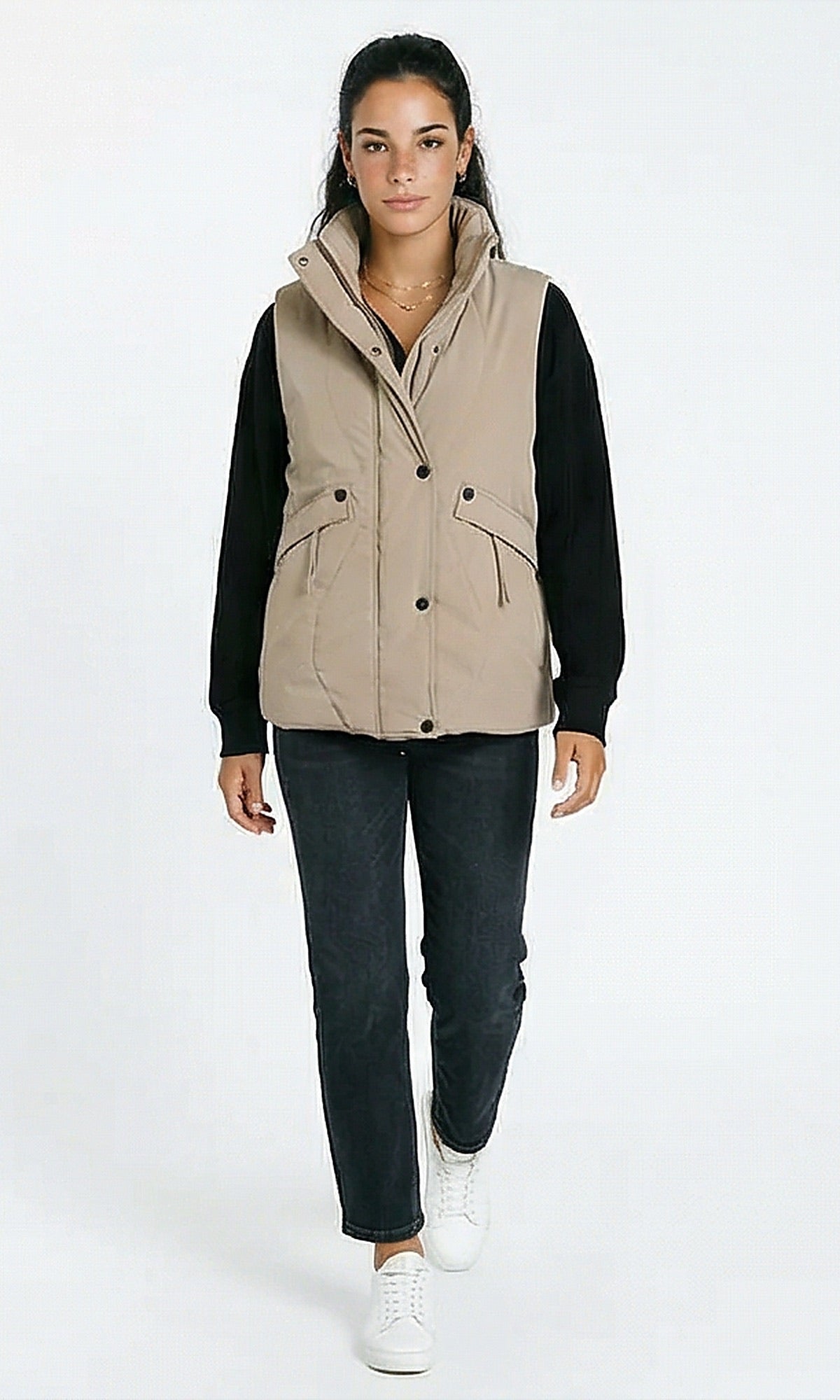 R212941 - Casual Sleeveless Puffer Vest - Light Khaki