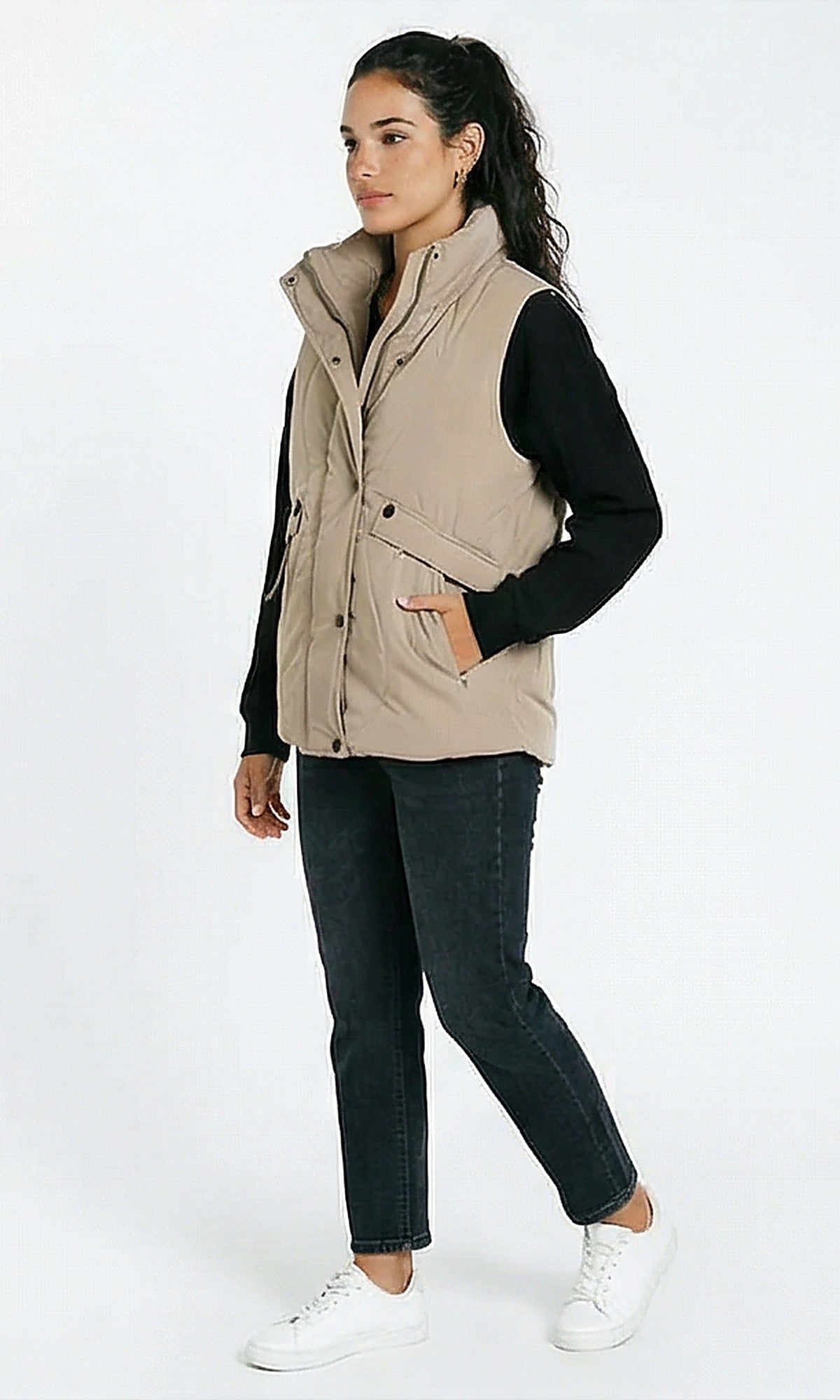 R212941 - Casual Sleeveless Puffer Vest - Light Khaki