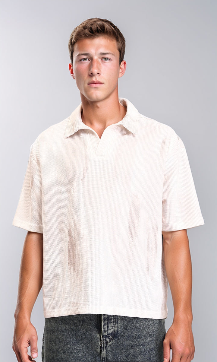 Slip On Open Neck Polo Shirt - Beige