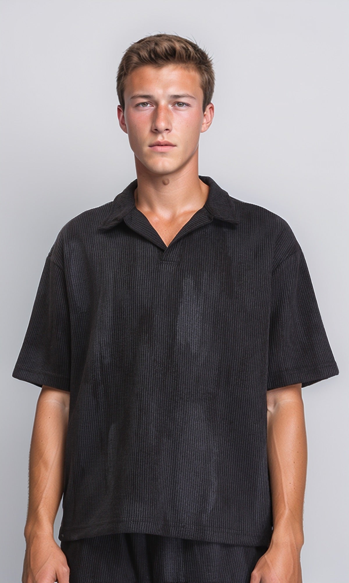 Slip On Open Neck Polo Shirt - Black