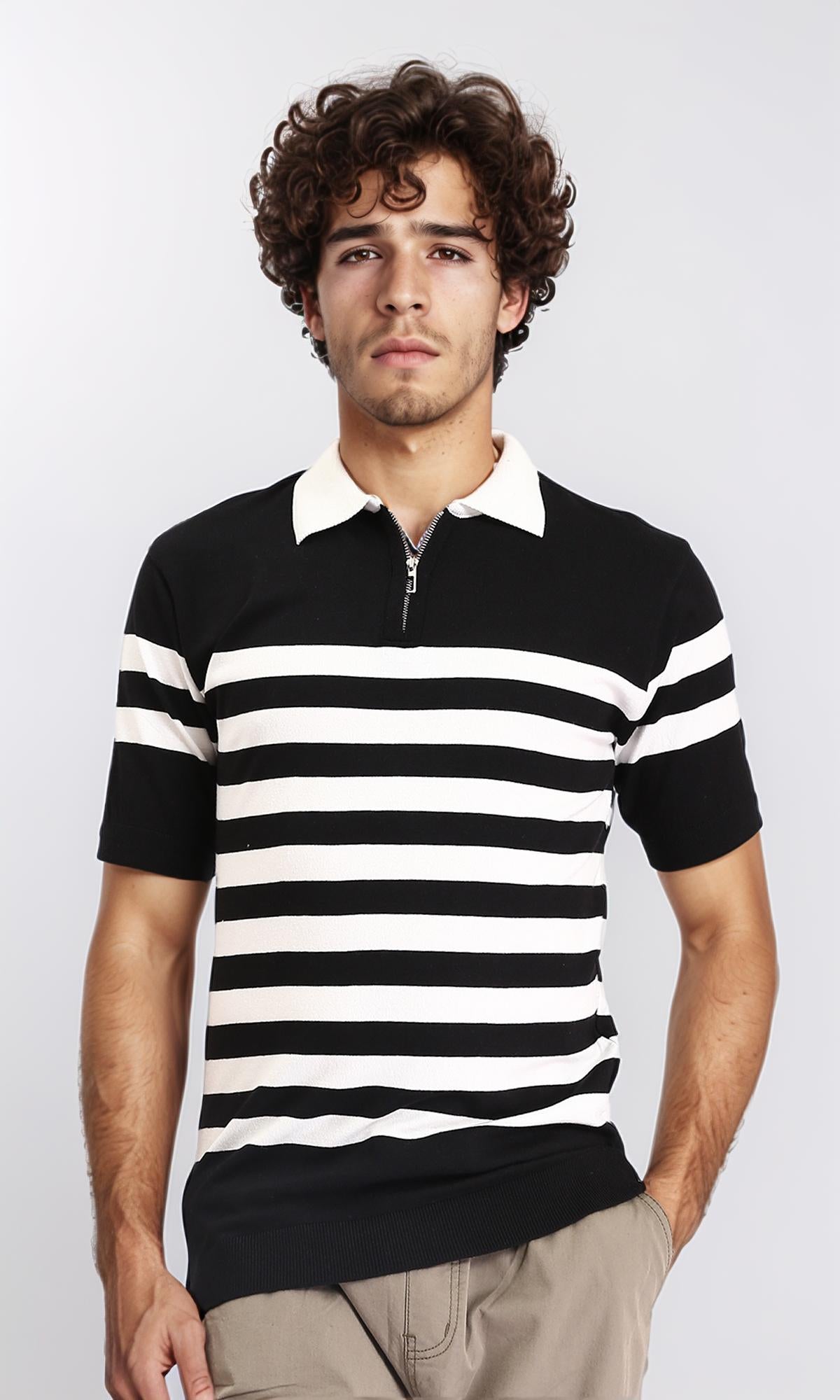 Short Sleeves Striped Polo Shirt - Black & White