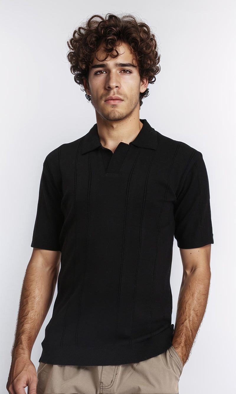 R213021 - Open Neck Slip On Polo Shirt - Black