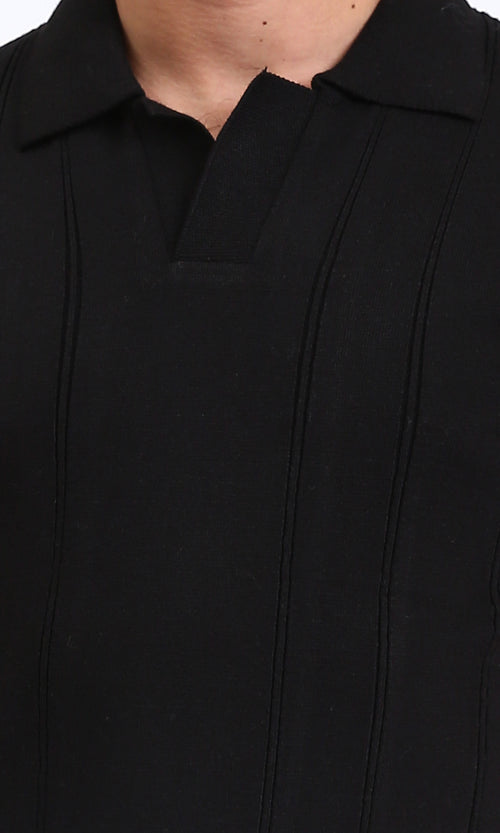 R213021 - Open Neck Slip On Polo Shirt - Black